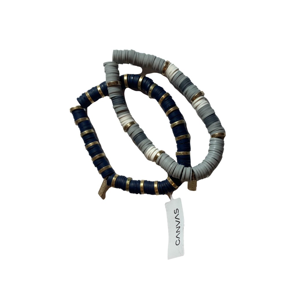 Canvas Bracelet Lot Of 2 Stretch Navy White Gray Gold Tone Beaded Boho Stackable 15$